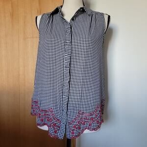 NWOT Elle XS Sleeveless Black and White Checkered Blouse Red Embroidery